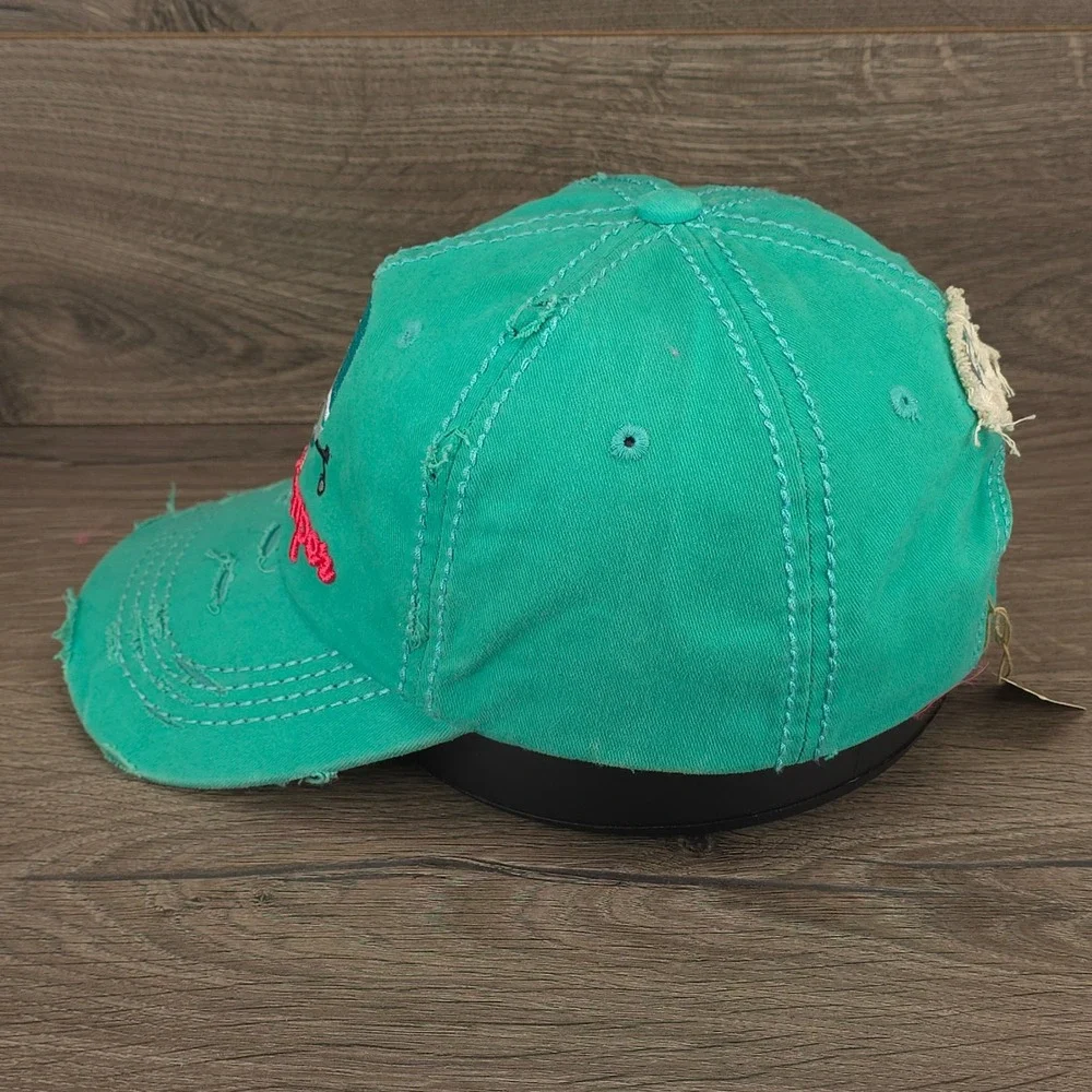 Happy Camper Hat Cap Womens Strap Back Green Distressed RV Camping Hike Gorpcore